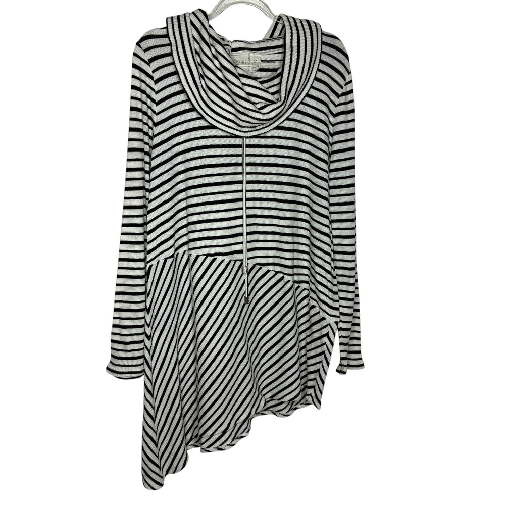 Zenergy by Chicos Striped Cowl Neck Asymmetrical Tunic Top Black White Size 2 L